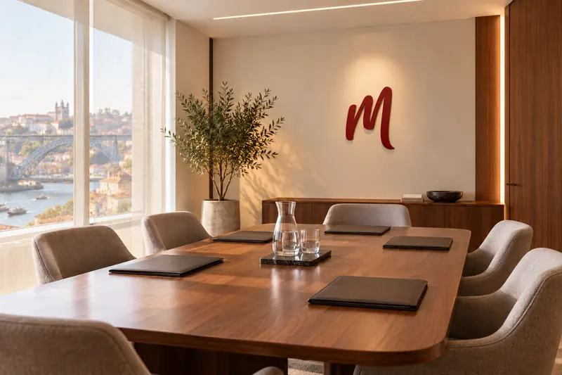 Composição ilustrativa de uma sala de reuniões com o logótipo do escritório e vista para o Porto